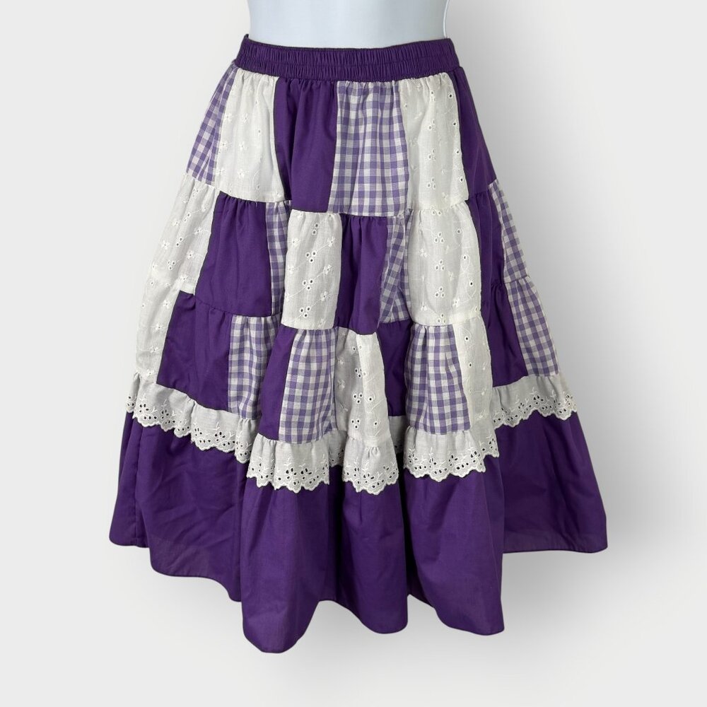 Vtg Midi Skirt | L | Purple Patchwork Eylet Gingham | Festival Cottage Western